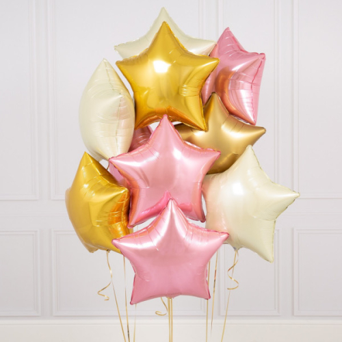 Упаковка из 14 розовых и золотых воздушных шаров в форме звёзд