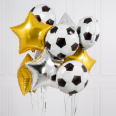 Упаковка из 14 золотых воздушных шаров в форме звёзд и футбольных мячей