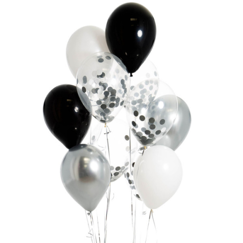 Iepakojums ar 14 meln-baltiem konfeti baloniem