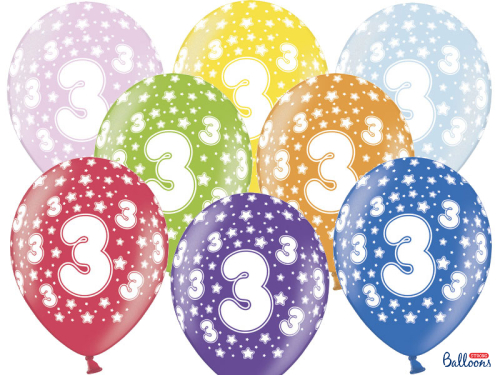 Balloons 30cm, 3rd Birthday, Metallic Mix (1 pkt / 50 pc.)