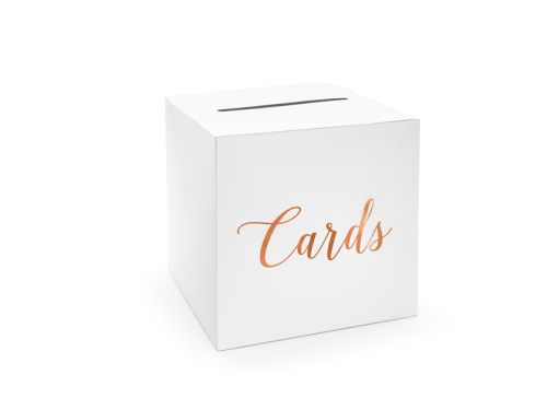 Kāzu kartona kaste - Kartiņas, rozā zelta, 24x24x24cm