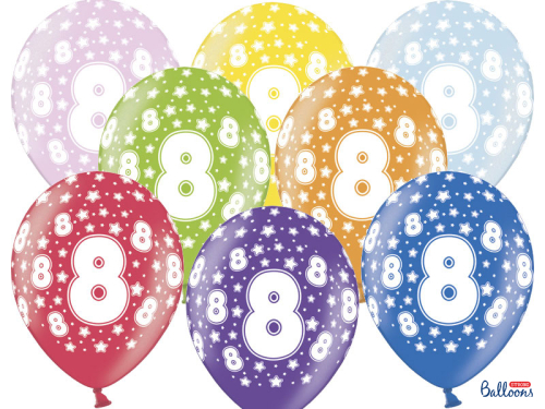 Balloons 30cm, 8th Birthday, Metallic Mix (1 pkt / 50 pc.)