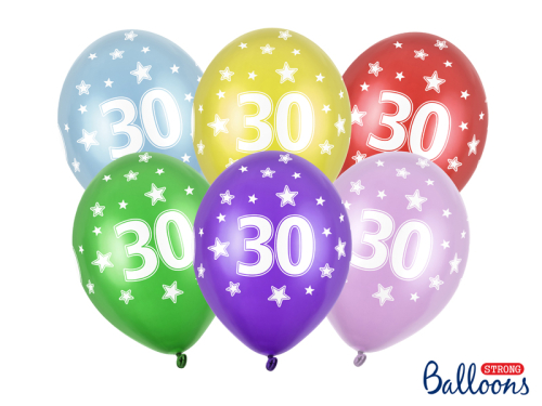 Balloons 30cm, 30th Birthday, Metallic Mix (1 pkt / 6 pc.)
