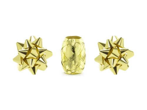 Set of ribbons and rosettes, gold, mix (1 pkt / 3 pc.) Set of ribbons and rosettes, gold, mix (1 pkt / 3 pc.)