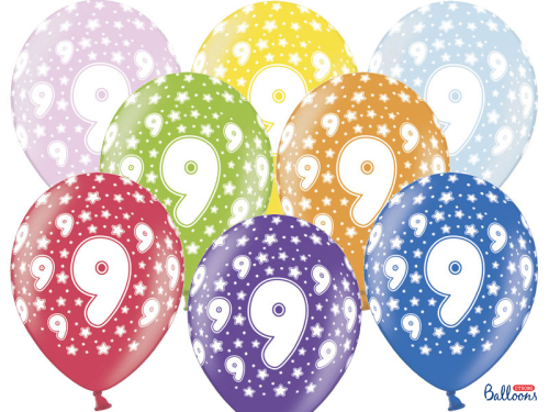 Balloons 30cm, 9th Birthday, Metallic Mix (1 pkt / 50 pc.)
