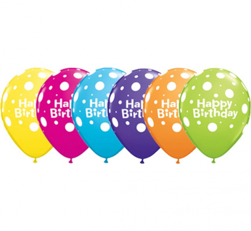 Apdrukāts lateksa balons Happy Birthday and dots (30 cm)