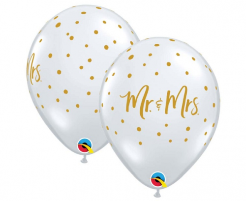 Apdrukāts lateksa balons Mr. & Mrs. gold dots (30 cm)