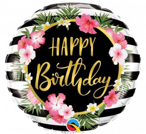 45 cm Folija balons CIR - "Birthday Hibiscus Stripes"