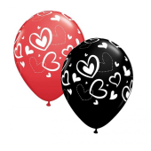 Apdrukāts lateksa balonsinches Hearts, pastel black red (30 cm)