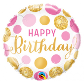 45 cm Folija balons - "Happy Birthday Pink & Gold Dots"