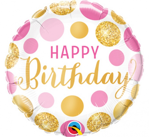 45 cm Folija balons - "Happy Birthday Pink & Gold Dots"