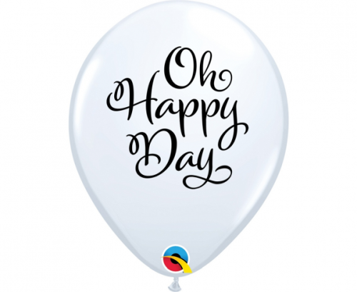 Apdrukāts lateksa balons RND white with printing Oh Happy Day (30 cm)