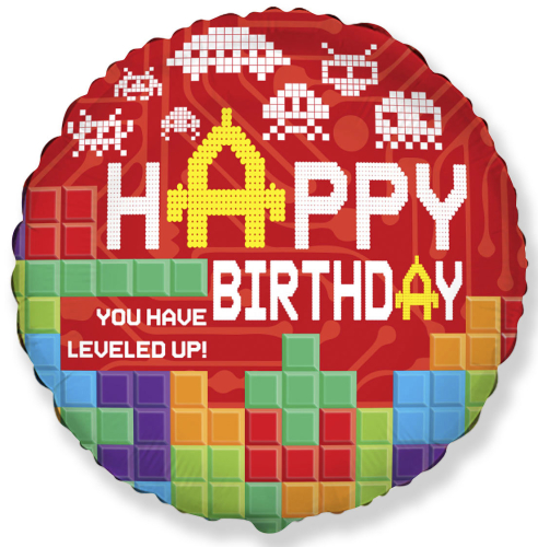 Balons (18`` / 46 cm) Aplis, Daudz laimes dzimšanas dienā (pikseļi), Sarkans, 1 gab.