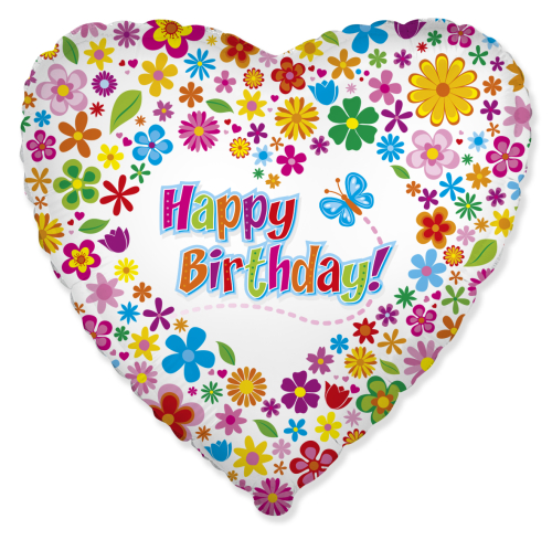 Balons (18`` / 46 cm) Sirds, Daudz laimes dzimšanas dienā! (ziedu valsis), Balts, 1 gab