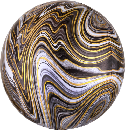 Шар (22''/56 см) Сфера 3D, Мрамор, Золотая нить, Черный, Агат, 1 шт.