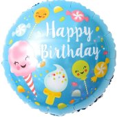 Шар (18''/46 см) Круг, С Днем Рождения (сладости), Голубой, 1 шт.