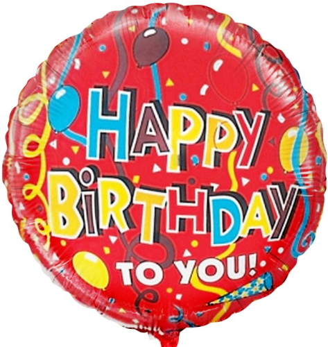 Balons (18`` / 46cm) Aplis, Daudz laimes dzimšanas dienā (lentes), Sarkans, 1gab