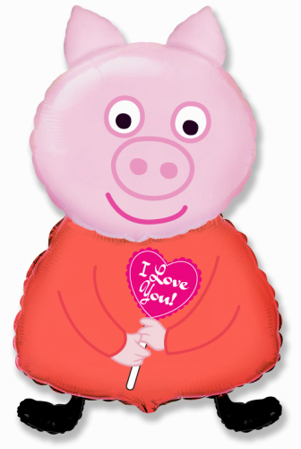 Фольгированный шар (32''/81 см)  свинка Пеппа с сердцем, розовый, 1 шт.