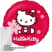 Шар (18''/46 см) Круг, Hello Kitty, Котенок в цветах, Красный, 1 шт. в упак.