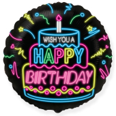 Balons (18`` / 46cm) Aplis, Daudz laimes dzimšanas dienā (neona gaismas), melns, 1gab