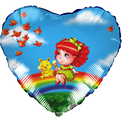 Шар (19''/48 см) Сердце, Девочка на радуге, Голубой, 1 шт.