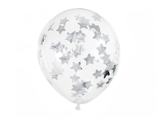 Konfeti baloni - zvaigznes, 30cm, sudraba (1 pkt / 6 gab.)