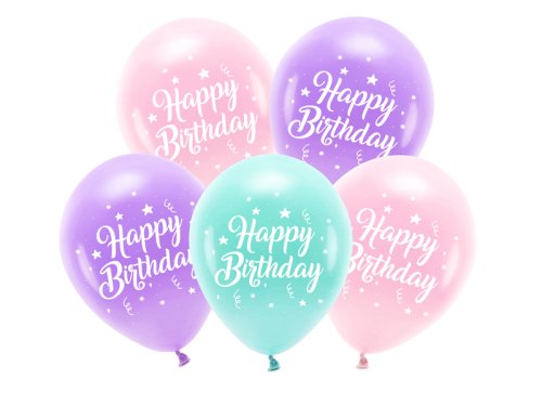 Eco Balloons 26 cm, Happy Birthday, pink (1 pkt / 5 pc.)
