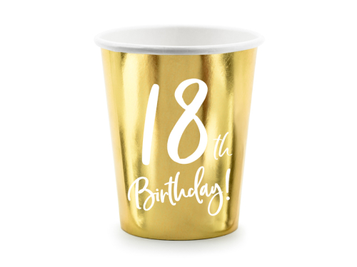Paper cups 18th Birthday, gold, 220ml (1 pkt / 6 pc.) Paper cups 18th Birthday, gold, 220ml (1 pkt / 6 pc.)