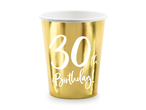 Paper cups 30th Birthday, gold, 220ml (1 pkt / 6 pc.) Paper cups 30th Birthday, gold, 220ml (1 pkt / 6 pc.)