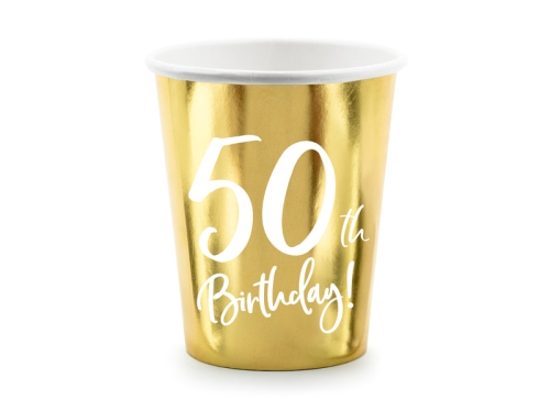 Paper cups 50th Birthday, gold, 220ml (1 pkt / 6 pc.) Paper cups 50th Birthday, gold, 220ml (1 pkt / 6 pc.)