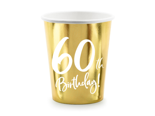 Paper cups 60th Birthday, gold, 220ml (1 pkt / 6 pc.) Paper cups 60th Birthday, gold, 220ml (1 pkt / 6 pc.)