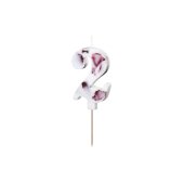 Birthday Candle Number '2', White with Flower Petals, 8 cm