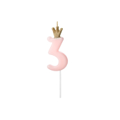 Birthday candle Number 3, light pink, 9.5cm