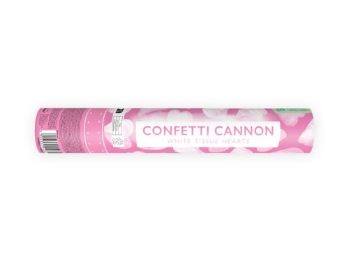 Confetti cannon with hearts, white, 28cm