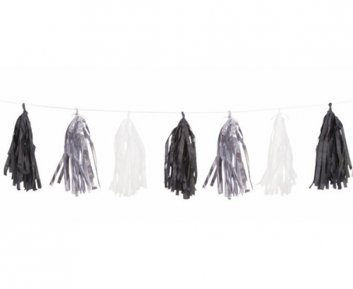 Tinsel garland (black, silver, white), 274 cm