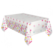 Plastic table cover First Birthday, pink dots, size 137x213 cm