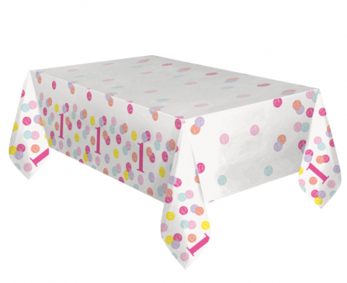 Plastic table cover First Birthday, pink dots, size 137x213 cm