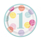Paper plates First Birthday, pink dots, 17 cm,  8 pcs