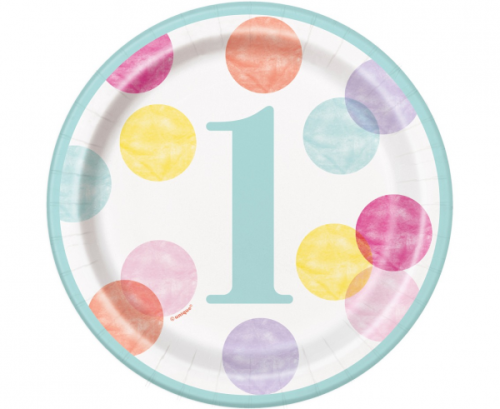 Paper plates First Birthday, pink dots, 17 cm,  8 pcs