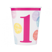 Paper cups First Birthday, pink dots, 8 pcs