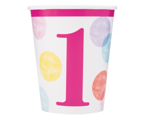 Paper cups First Birthday, pink dots, 8 pcs Paper cups First Birthday, pink dots, 8 pcs