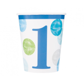 Paper cups First Birthday, blue dots, 8 pcs