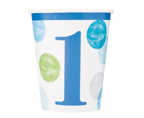 Paper cups First Birthday, blue dots, 8 pcs Paper cups First Birthday, blue dots, 8 pcs