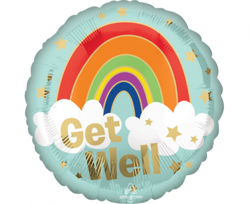 Standarta Get Well zelta varavīksnes folijas balons S40 iepakojumā