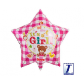 Ibrex hēlija balons, Zvaigzne 15&quot;, It&#39;s A Girl Bear, gingham rozā, iepakots