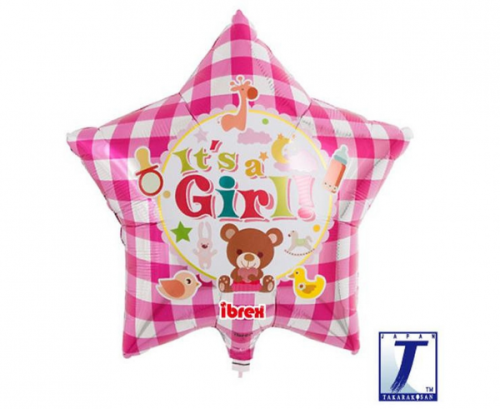 Ibrex hēlija balons, Zvaigzne 15&quot;, It&#39;s A Girl Bear, gingham rozā, iepakots