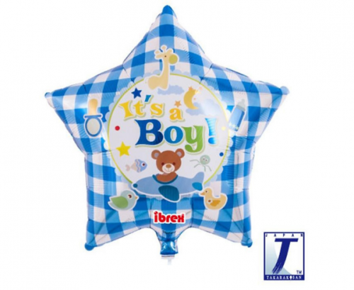 Ibrex hēlija balons, Zvaigzne 15", tas ir lācis, gingham zils, iepakots