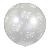 Balons GMS220, sfēras forma, metāliska pērle, apdruka: baltas rozes