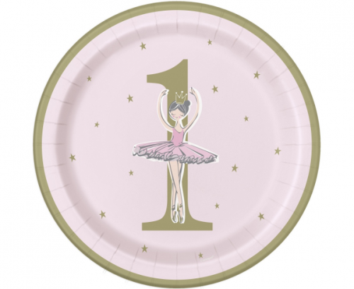 Paper plates Ballerina, pink-gold, 1st Birthday, 23 cm, 8 pcs