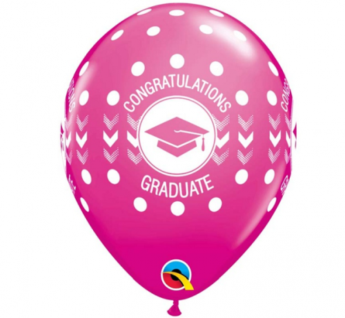 Balons QL 11" ar virsdruku "Congratulations Graduate Dots" , pasteļkrāsas dzērvenes / 25 gab.